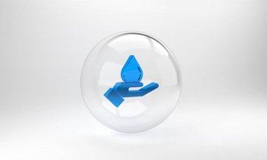 Gri arka planda sabun ikonu olan mavi yıkama elleri. Virüs ve bakterileri önlemek için ellerini sabunla yıkıyorsun. Cam daire düğmesi. 3 Boyutlu resimleme.