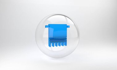 Mavi Havlu, gri arkaplanda izole edilmiş bir askı simgesi. Banyo havlusu ikonu. Cam daire düğmesi. 3 Boyutlu resimleme.
