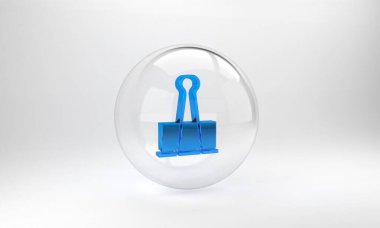 Gri arkaplanda mavi klasör simgesi izole edildi. Ataç. Cam daire düğmesi. 3 Boyutlu resimleme.