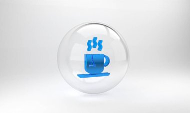 Gri arka planda çay poşeti ikonu olan mavi çay fincanı. Cam daire düğmesi. 3 Boyutlu resimleme.