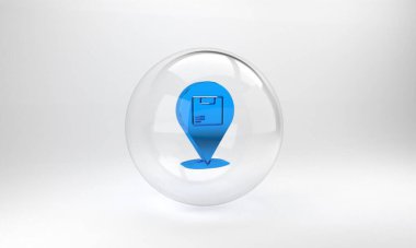 Gri arkaplanda karton kutu simgesine sahip mavi konum. Teslimat hizmetleri, lojistik ve ulaşım, dağıtım. Cam daire düğmesi. 3 Boyutlu resimleme.