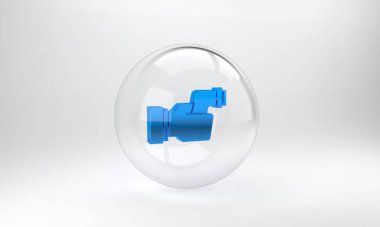 Tıbbi inceleme ikonu için kızılötesi ışık ve gri arka planda izole edilmiş mavi dijital temassız termometre. Vücut ısısını kontrol ediyorum. Cam daire düğmesi. 3 Boyutlu resimleme.