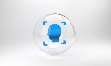 Mavi Yüz tanıma simgesi gri arkaplanda izole edildi. Yüz tanımlama simgesi. Yüz tanıma. Siber güvenlik kavramı. Cam daire düğmesi. 3 Boyutlu resimleme.