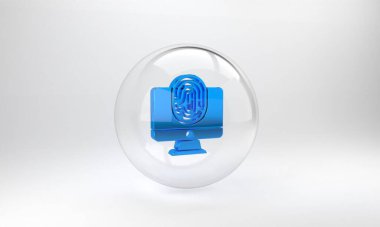 Gri arkaplanda parmak izi simgesi olan mavi monitör. Kimlik uygulaması simgesi. Kimlik işareti. Kimliğe dokun. Cam daire düğmesi. 3 Boyutlu resimleme.