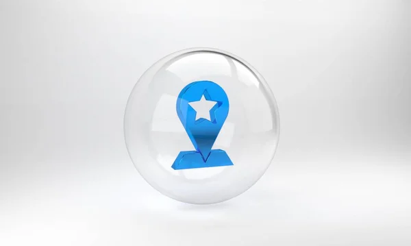 Blue Map pointer with star icon isolated on grey background. Star favorite pin map icon. Map markers. Glass circle button. 3D render illustration.