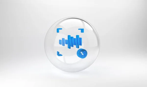 Blue Rejection voice recognition icon isolated on grey background. Voice biometric access authentication for personal identity recognition. Glass circle button. 3D render illustration.