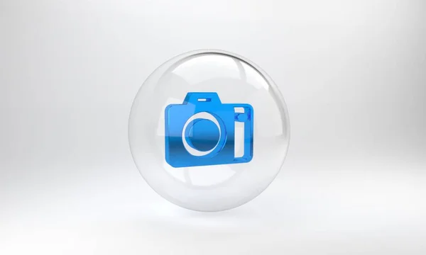 グレーの背景に隔離されたブルーフォトカメラアイコン フォトカメラ デジタル写真 ガラス丸ボタン 3Dレンダリング図 — ストック写真