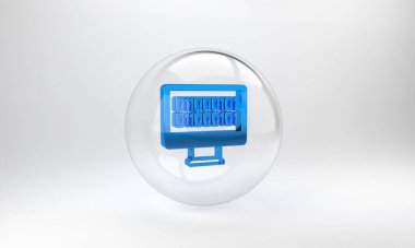 Mavi İkili Kod simgesi gri arkaplanda izole edildi. Cam daire düğmesi. 3 Boyutlu resimleme.