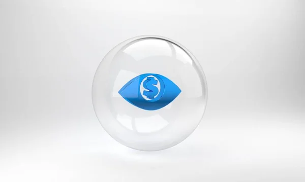 Blue Eye with dollar icon isolated on grey background. Glass circle button. 3D render illustration.