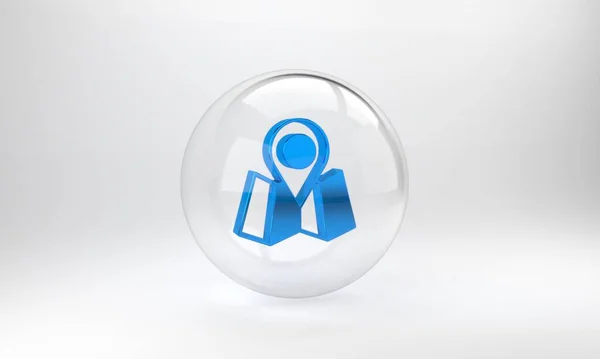 Blue Folded map with location marker icon isolated on grey background. Glass circle button. 3D render illustration.