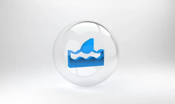 Blue Shark fin in ocean wave icon isolated on grey background. Glass circle button. 3D render illustration.