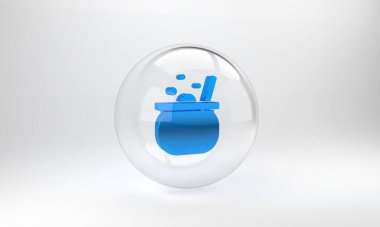 Mavi Cadılar Bayramı cadı kazan ikonu gri arka planda izole. Mutlu Cadılar Bayramı Partisi. Cam daire düğmesi. 3 Boyutlu resimleme.