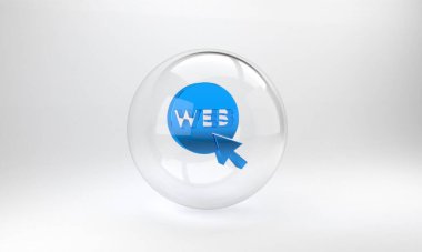 Mavi Web ve grafik tasarım simgesi gri arkaplanda izole edildi. Yaratıcı ve geliştirme. Cam daire düğmesi. 3 Boyutlu resimleme.