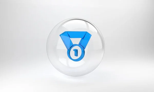 蓝色勋章图标孤立在灰色背景 胜利的象征 玻璃圆形按钮 3D渲染说明 — 图库照片