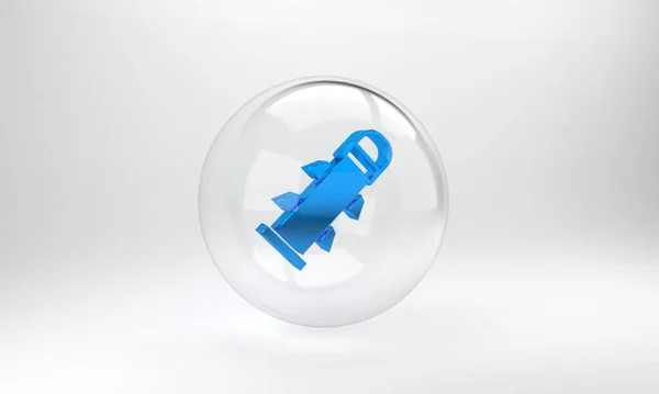 蓝色火箭图标孤立在灰色背景 玻璃圆形按钮 3D渲染说明 — 图库照片
