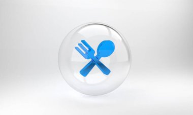 Mavi haç çatal ve kaşık simgesi gri arka planda izole edilmiş. Mutfak aletleri. Çatal bıçak seti. Cam daire düğmesi. 3 Boyutlu resimleme.