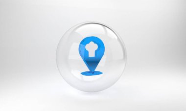 Gri arkaplanda konum simgesine sahip Mavi Şef şapkası. Aşçılık sembolü. Aşçı şapkası. Cam daire düğmesi. 3 Boyutlu resimleme.