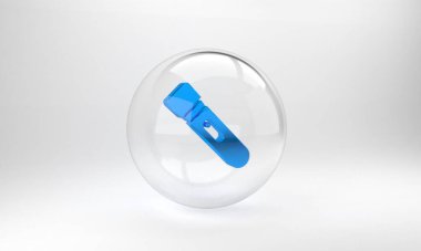 Mavi Fener simgesi gri arkaplanda izole edildi. Cam daire düğmesi. 3 Boyutlu resimleme.