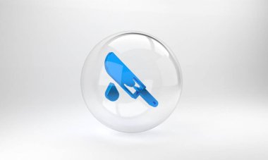 Gri arkaplanda mavi kanlı bıçak ikonu var. Cam daire düğmesi. 3 Boyutlu resimleme.