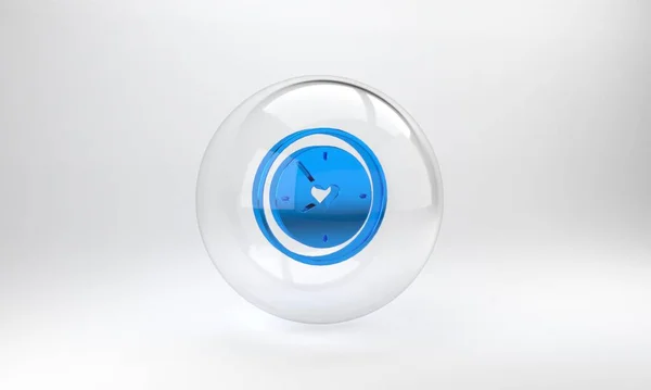 蓝色时钟与心脏图标隔离在灰色背景 情人节 爱情的象征玻璃圆形按钮 3D渲染说明 — 图库照片