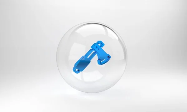 グレーの背景にブルーの木製の斧のアイコン ルンベルジャック斧 ガラス丸ボタン 3Dレンダリング図 — ストック写真
