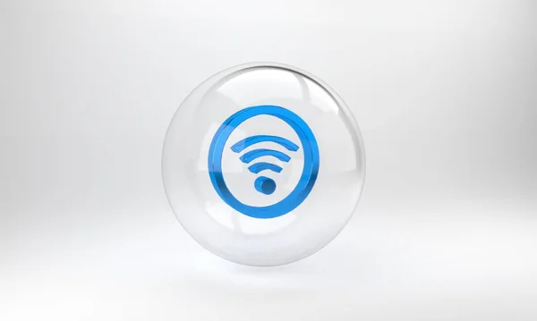 Blue Wireless Internet Network Symbol Icon Isolated Grey Background Glass — Stock Photo, Image