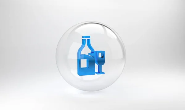 Blaue Weinflasche Mit Glassymbol Auf Grauem Hintergrund Glaskreisknopf Vorhanden Darstellung — Stockfoto