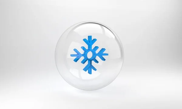 グレーの背景にブルーのスノーフレークアイコンを分離 メリークリスマスとハッピーニューイヤー ガラス丸ボタン 3Dレンダリング図 — ストック写真