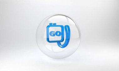 Mavi Kronometre simgesi gri arkaplanda izole edildi. Zaman göstergesi. Kronometre işareti. Cam daire düğmesi. 3 Boyutlu resimleme.