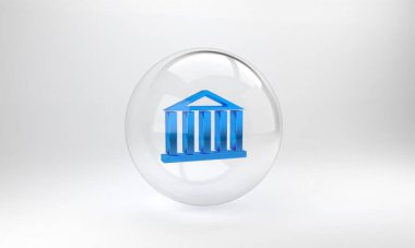 Atina, Akropolis, Yunanistan 'dan Mavi Parthenon gri arka planda izole edildi. Antik Yunan ulusal simgesi. Cam daire düğmesi. 3 Boyutlu resimleme.