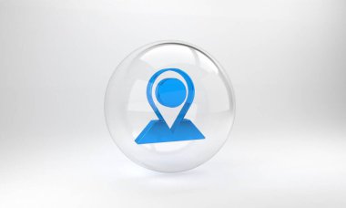 Mavi konum simgesi gri arkaplanda izole edildi. Dünya ya da Dünya işareti. Cam daire düğmesi. 3 Boyutlu resimleme .