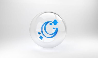 Mavi Ay ve yıldızlar gri arkaplanda izole edilmiş. Cam daire düğmesi. 3 Boyutlu resimleme .