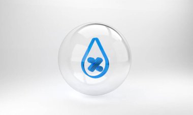 Mavi Su bırakma yüzdesi simgesi gri arkaplanda izole edildi. Nem analizi. Cam daire düğmesi. 3 Boyutlu resimleme .