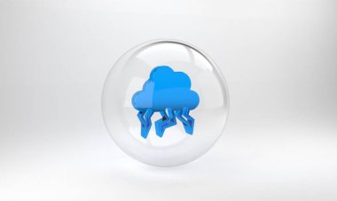 Mavi Fırtına simgesi gri arkaplanda izole edildi. Bulut ve şimşek işareti. Fırtınanın hava durumu ikonu. Cam daire düğmesi. 3 Boyutlu resimleme .