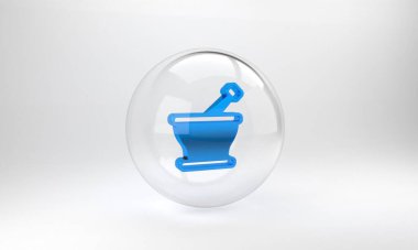 Mavi havan topu ve tokmak simgesi gri arkaplanda izole edildi. Cam daire düğmesi. 3 Boyutlu resimleme.