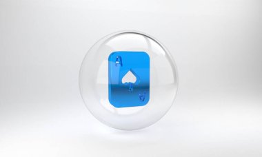 Mavi iskambil kartı simgesi gri arkaplanda izole edildi. Kumarhane kumarı. Cam daire düğmesi. 3 Boyutlu resimleme.