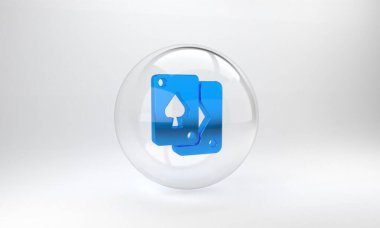 Mavi iskambil kartı simgesi gri arkaplanda izole edildi. Kumarhane kumarı. Cam daire düğmesi. 3 Boyutlu resimleme.