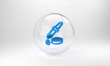 Mavi Pipette simgesi gri arkaplanda izole edildi. Tıbbi elementler, kimya laboratuarı ekipmanları. Damlalı boru. Tıp sembolü. Cam daire düğmesi. 3 Boyutlu resimleme.
