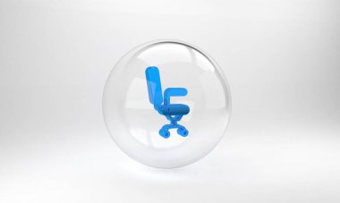 Mavi ofis koltuğu simgesi gri arkaplanda izole edildi. Cam daire düğmesi. 3 Boyutlu resimleme.