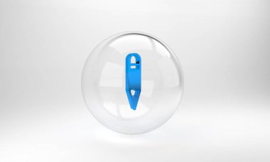 Mavi Kalem simgesi gri arkaplanda izole edildi. Çizim ve eğitim araçları. Okul sembolü. Cam daire düğmesi. 3 Boyutlu resimleme.