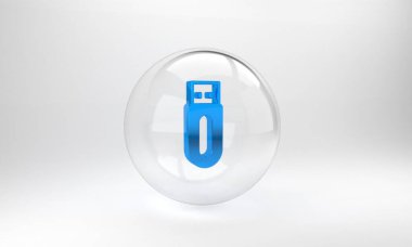 Gri arkaplanda mavi USB flash disk simgesi izole edildi. Cam daire düğmesi. 3 Boyutlu resimleme.