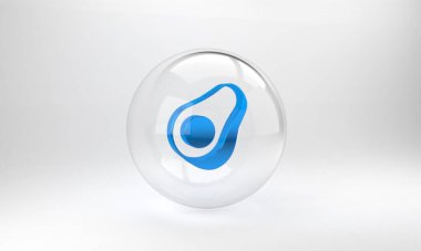 Mavi Avokado meyve ikonu gri arka planda izole edildi. Cam daire düğmesi. 3 Boyutlu resimleme.