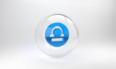 Mavi Terazi burcu simgesi gri arkaplanda izole edilmiş. Astrolojik yıldız falı koleksiyonu. Cam daire düğmesi. 3 Boyutlu resimleme.