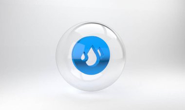 Mavi Su Damlası simgesi gri arkaplanda izole edildi. Cam daire düğmesi. 3 Boyutlu resimleme.
