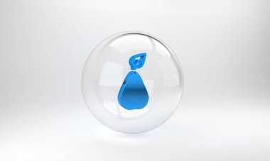 Mavi Armut simgesi gri arkaplanda izole edildi. Yaprak sembollü meyve. Cam daire düğmesi. 3 Boyutlu resimleme.