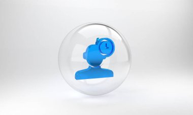 Mavi uykusuzluk simgesi gri arkaplanda izole edilmiş. Kılcal damarlar ve gözbebekleri ile uyku bozukluğu. Yorgunluk ve stres. Cam daire düğmesi. 3 Boyutlu resimleme.