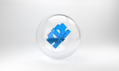 Blue Stacks kağıt para ikonu gri arka planda izole. Para desteleri. Para birimi. Cam daire düğmesi. 3 Boyutlu resimleme.