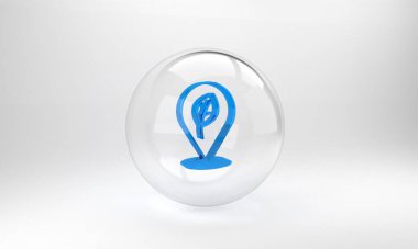 Gri arkaplanda yaprak simgesi olan mavi konum. Çevre enerjisi kavramı. Alternatif enerji kavramı. Cam daire düğmesi. 3 Boyutlu resimleme.