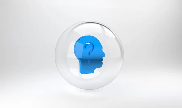 蓝色人头 带有疑问号图标 灰色背景孤立 玻璃圆形按钮 3D渲染说明 — 图库照片