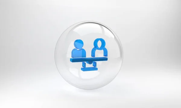 蓝色的两性平等图标在灰色背景下被隔离 同酬和机会商业概念 玻璃圆形按钮 3D渲染说明 — 图库照片